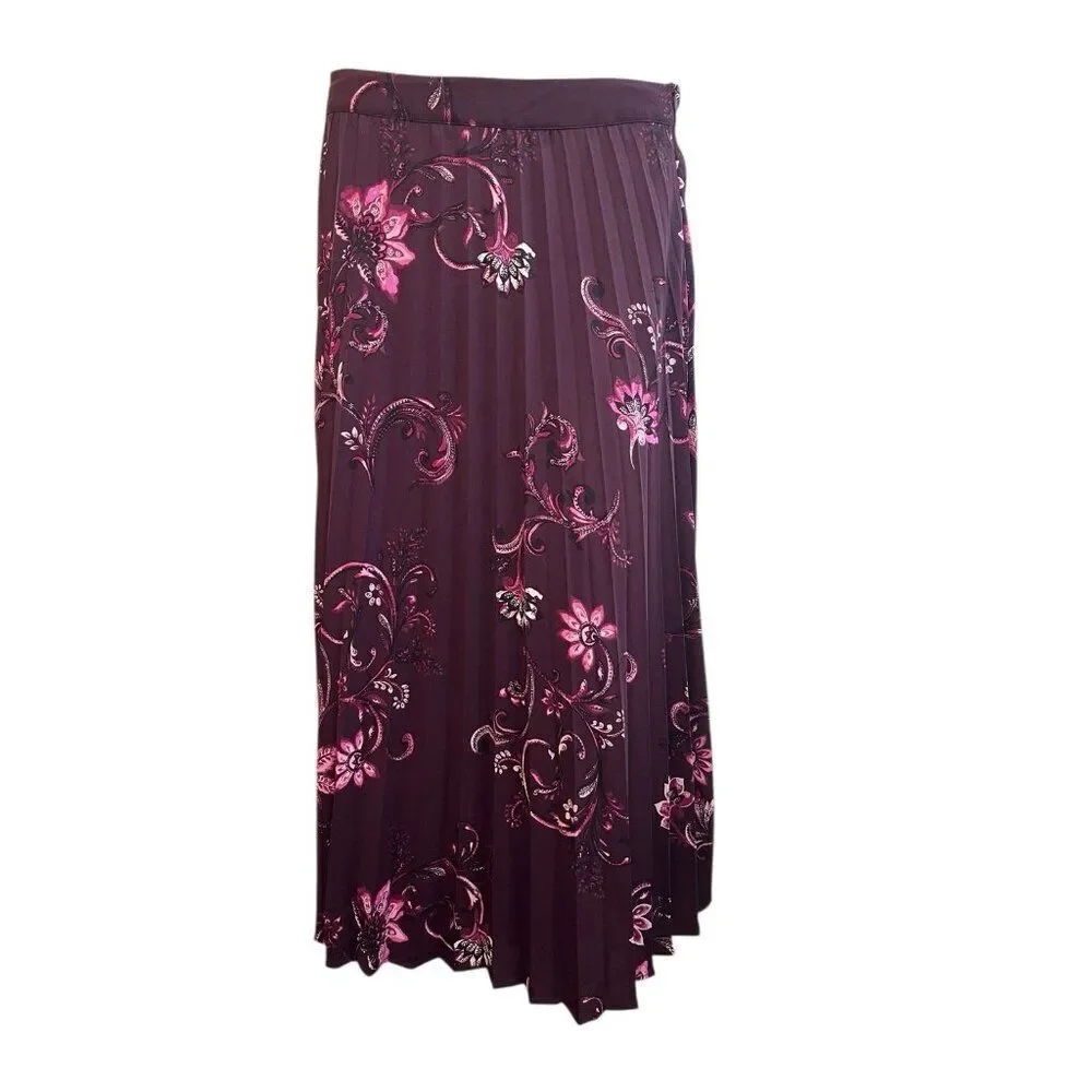 Chicos Design 0.5 or Size 6 Wine Pink Print Pleated Midi Skirt Lined NWT $119